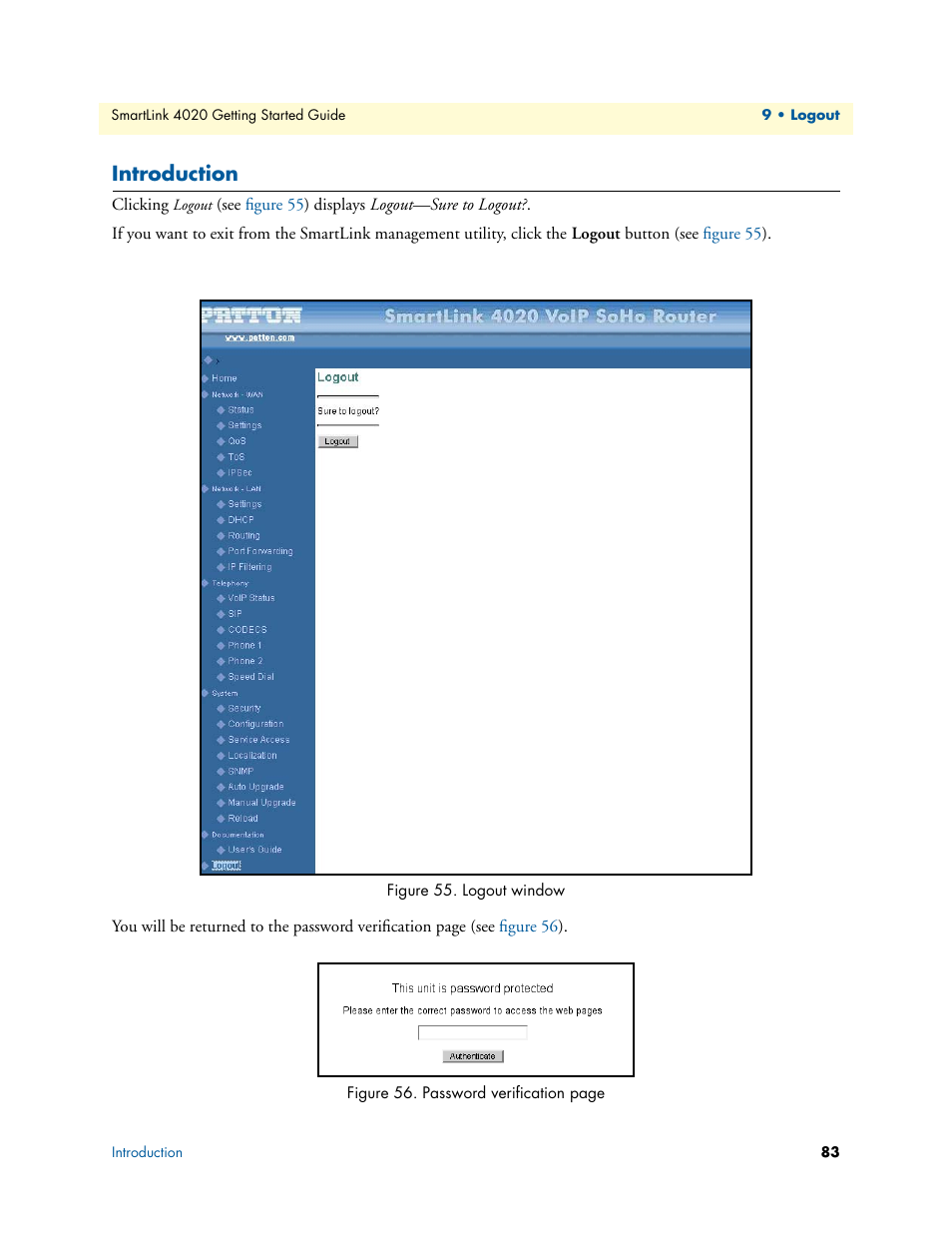 Introduction, Logout window | Patton electronic 4020 Series User Manual | Page 83 / 97