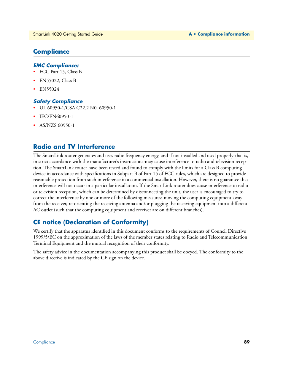 Compliance, Emc compliance, Safety compliance | Radio and tv interference, Ce notice (declaration of conformity) | Patton electronic 4020 Series User Manual | Page 89 / 97