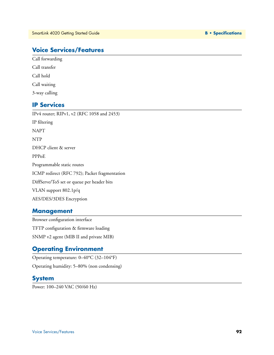 Voice services/features, Ip services, Management | Operating environment, System | Patton electronic 4020 Series User Manual | Page 92 / 97