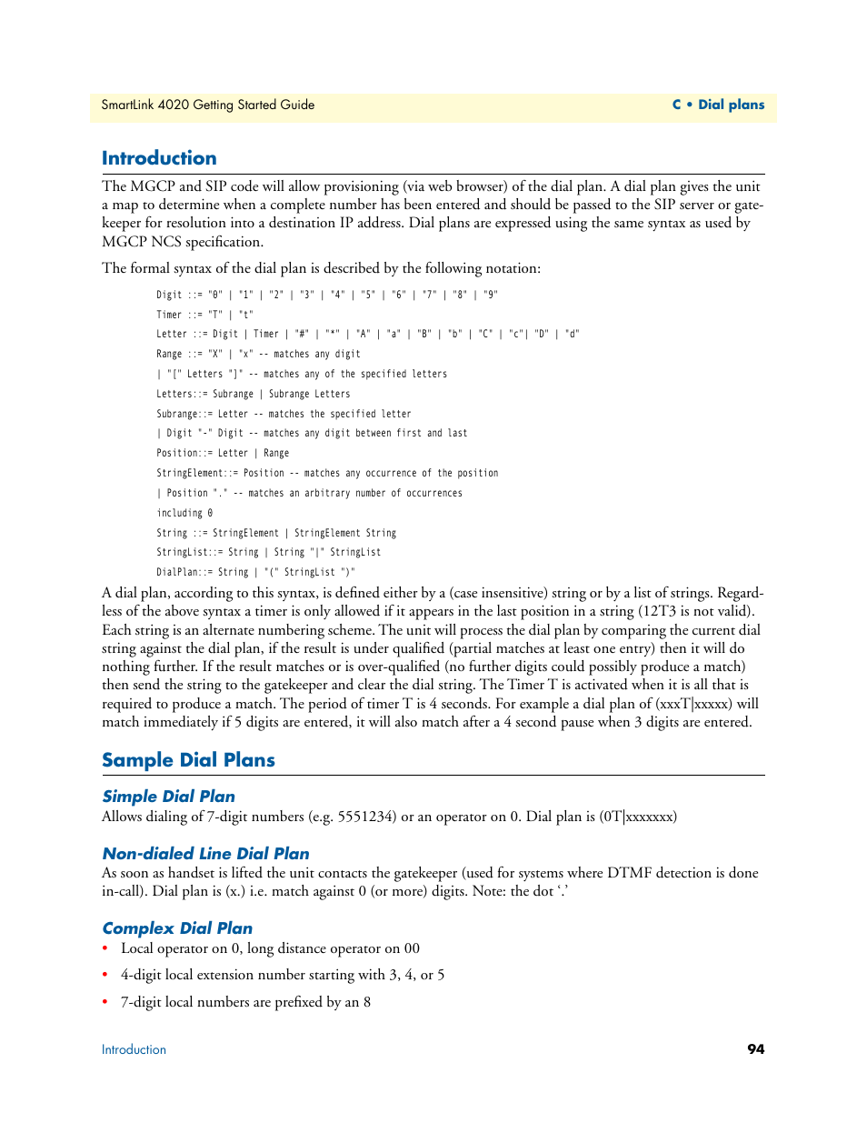 Introduction, Sample dial plans, Simple dial plan | Non-dialed line dial plan, Complex dial plan | Patton electronic 4020 Series User Manual | Page 94 / 97