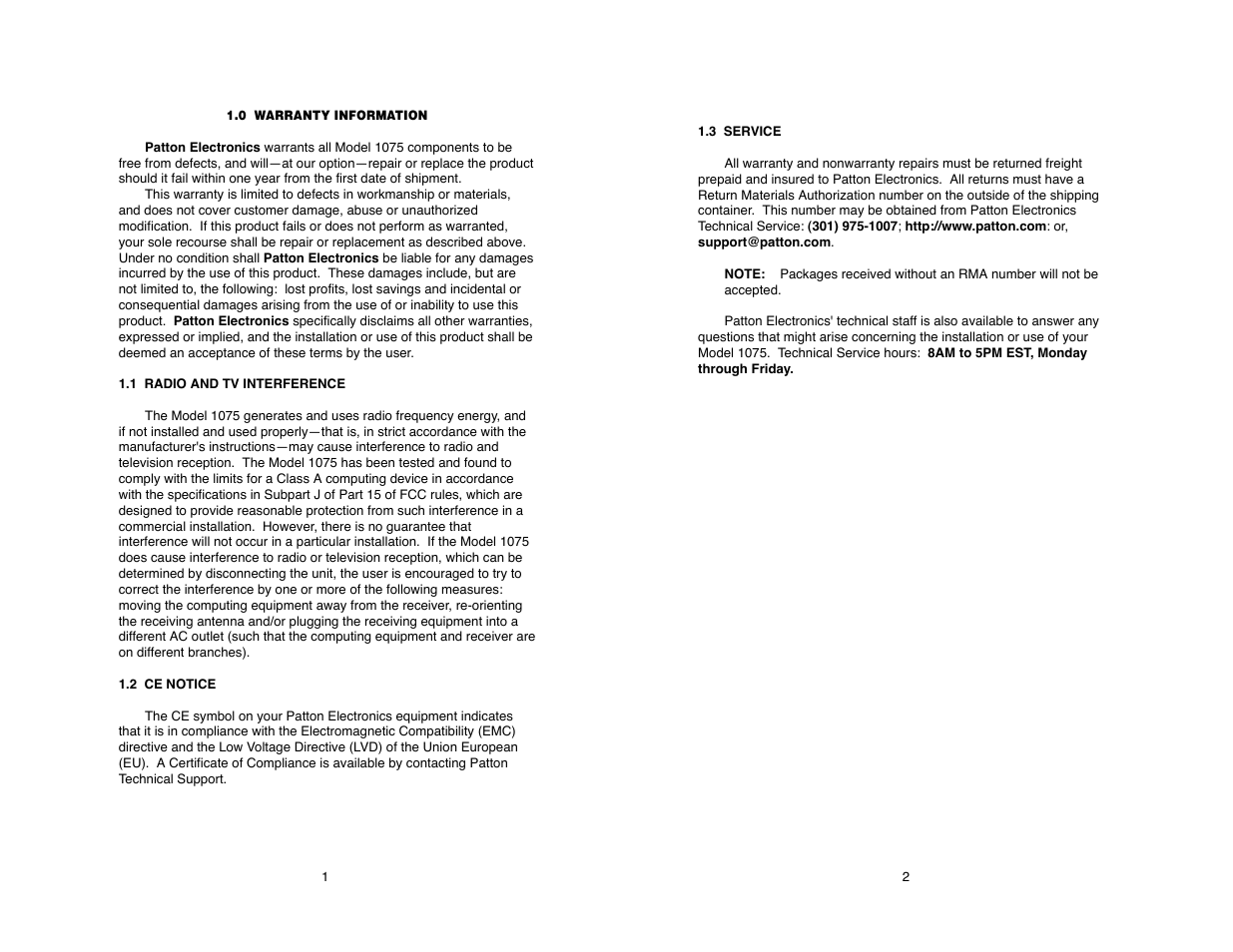 Patton electronic MODEL 1075 User Manual | Page 2 / 24