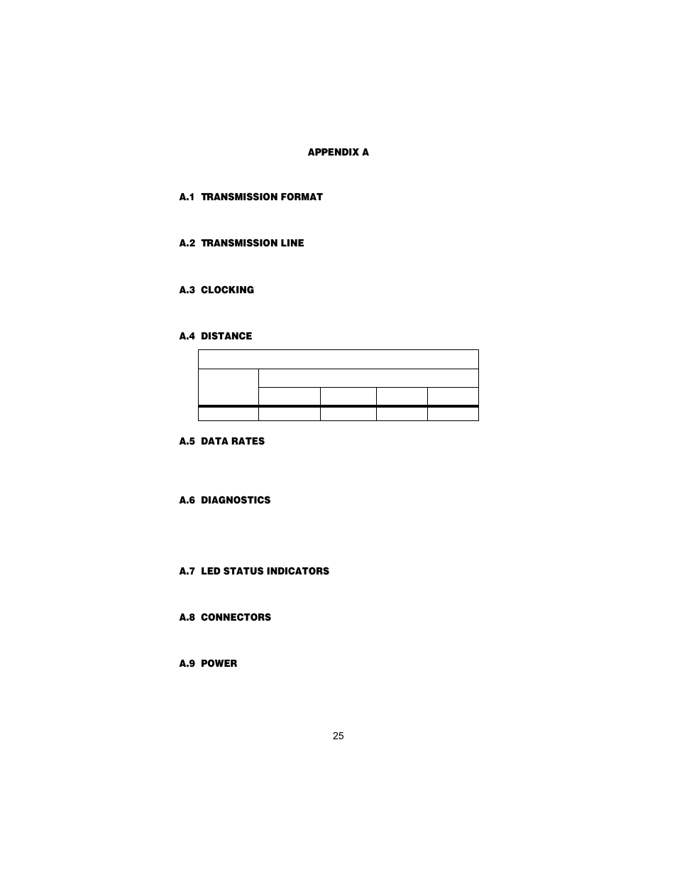 Appendix a 1082/i specifications, A.1 transmission format, A.2 transmission line | A.3 clocking, A.4 distance, A.5 data rates, A.6 diagnostics, A.7 led status indicators, A.8 connectors, A.9 power | Patton electronic 1082 User Manual | Page 25 / 28
