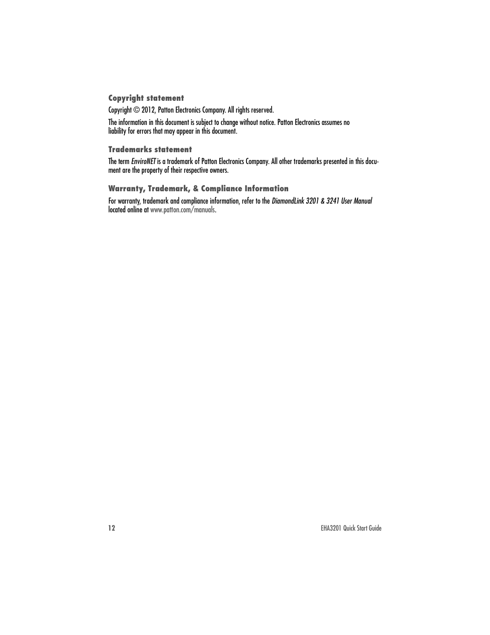 Copyright statement, Trademarks statement, Warranty, trademark, & compliance information | Patton electronic ENVIRONET EHA3201 User Manual | Page 12 / 16