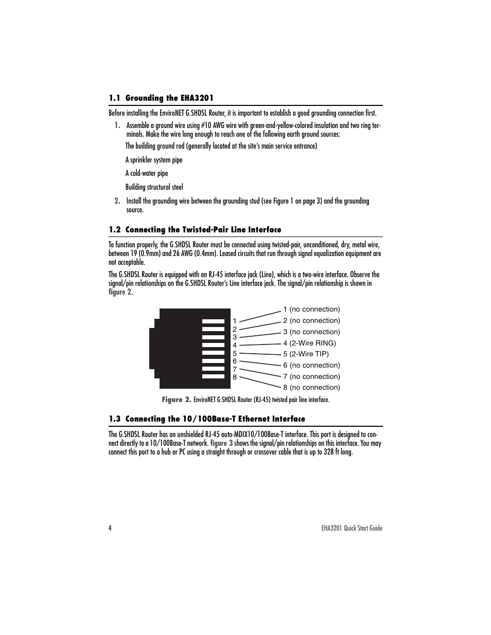 1 grounding the eha3201, 2 connecting the twisted-pair line interface, 3 connecting the 10/100base-t ethernet interface | Patton electronic ENVIRONET EHA3201 User Manual | Page 4 / 16