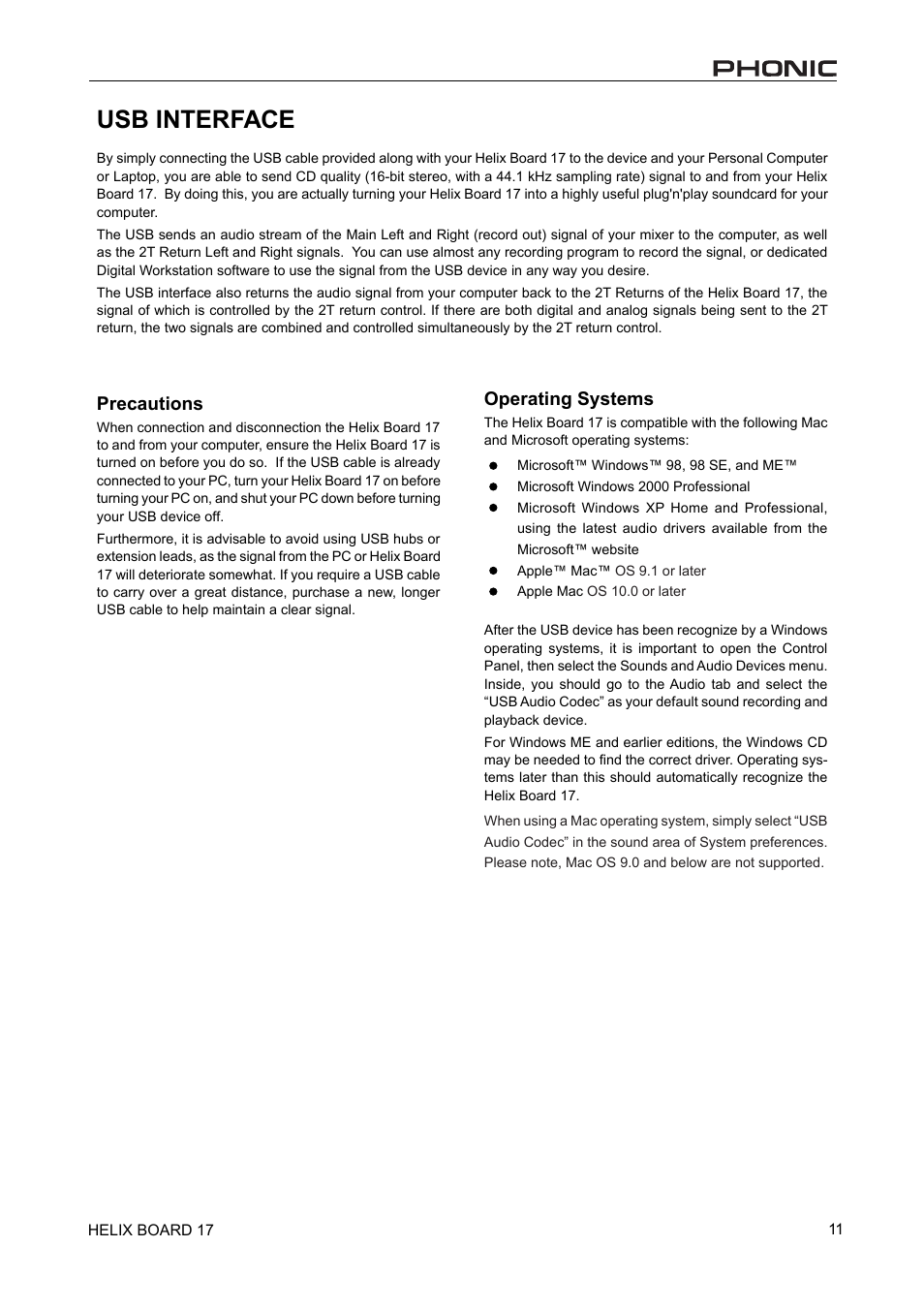 Usb interface, Precautions, Operating systems | Phonic 17 User Manual | Page 11 / 19