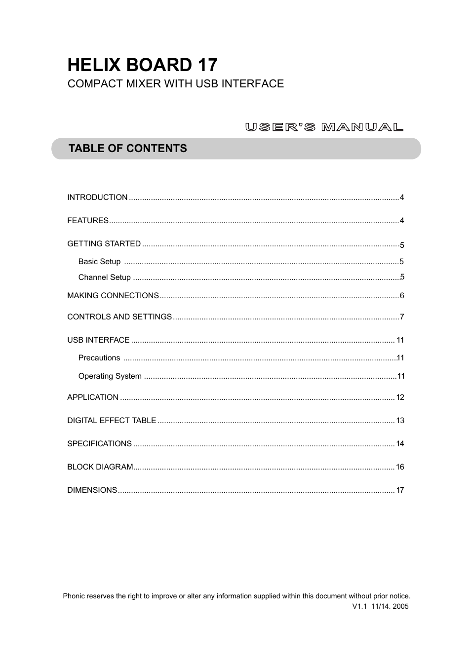Helix board 17, Table of contents compact mixer with usb interface | Phonic 17 User Manual | Page 3 / 19