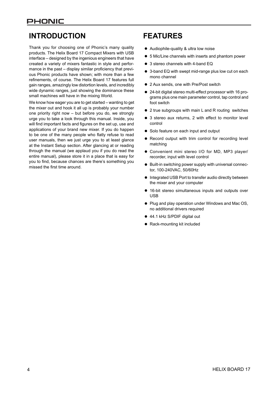 Introduction, Features | Phonic 17 User Manual | Page 4 / 19