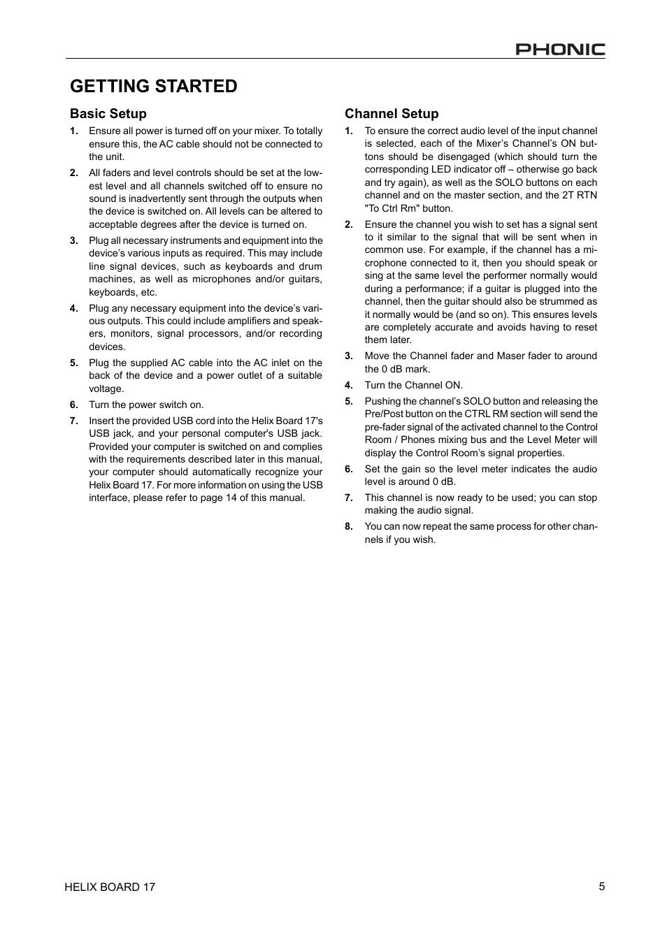 Getting started, Basic setup, Channel setup | Phonic 17 User Manual | Page 5 / 19
