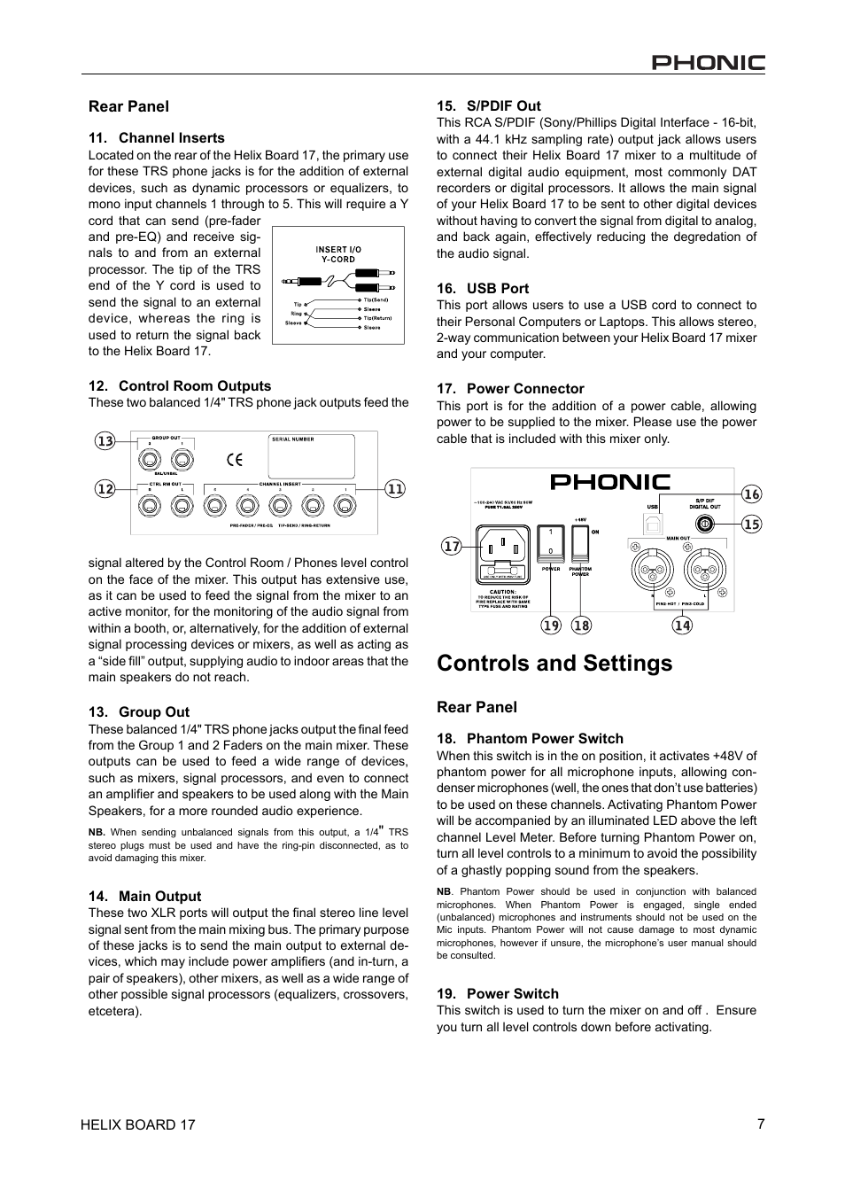 Controls and settings | Phonic 17 User Manual | Page 7 / 19