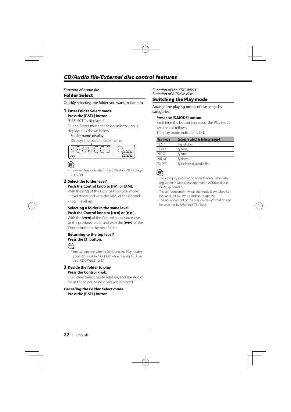 Cd/audio file/external disc control features | PhatNoise KDC-W6531 User Manual | Page 22 / 40