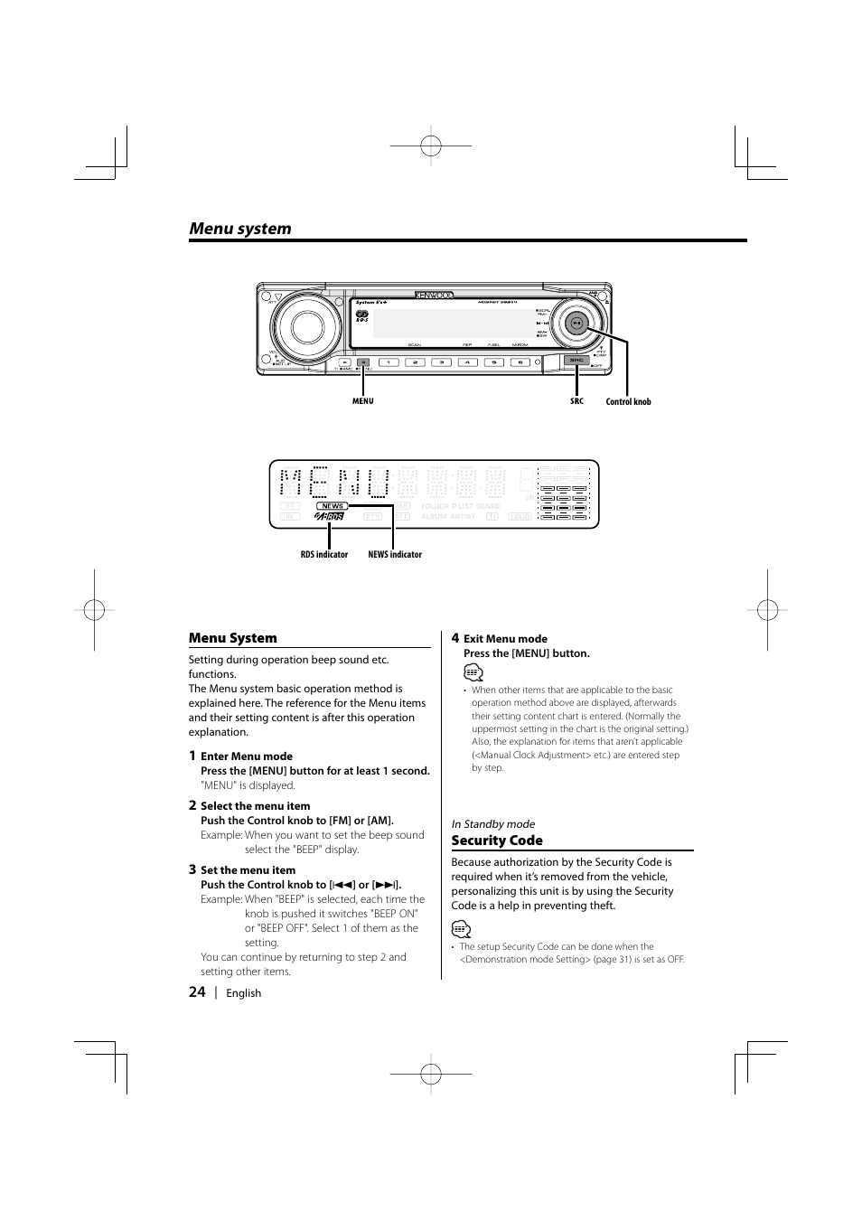 Menu system | PhatNoise KDC-W6531 User Manual | Page 24 / 40