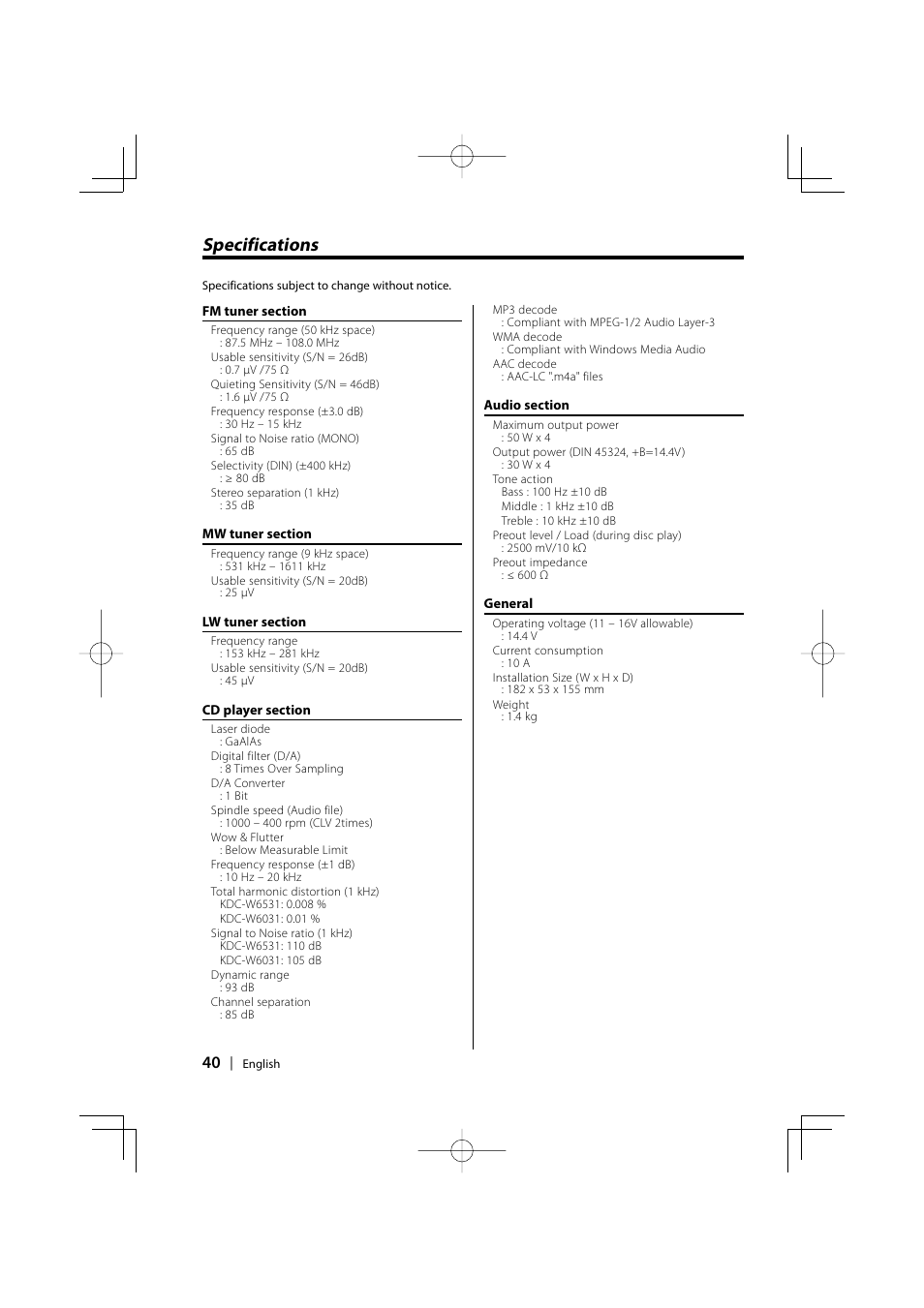Specifications | PhatNoise KDC-W6531 User Manual | Page 40 / 40