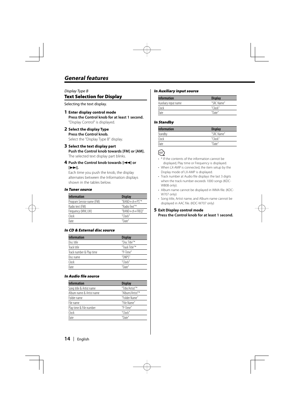 General features, Text selection for display | PhatNoise KDC-W707 User Manual | Page 14 / 48