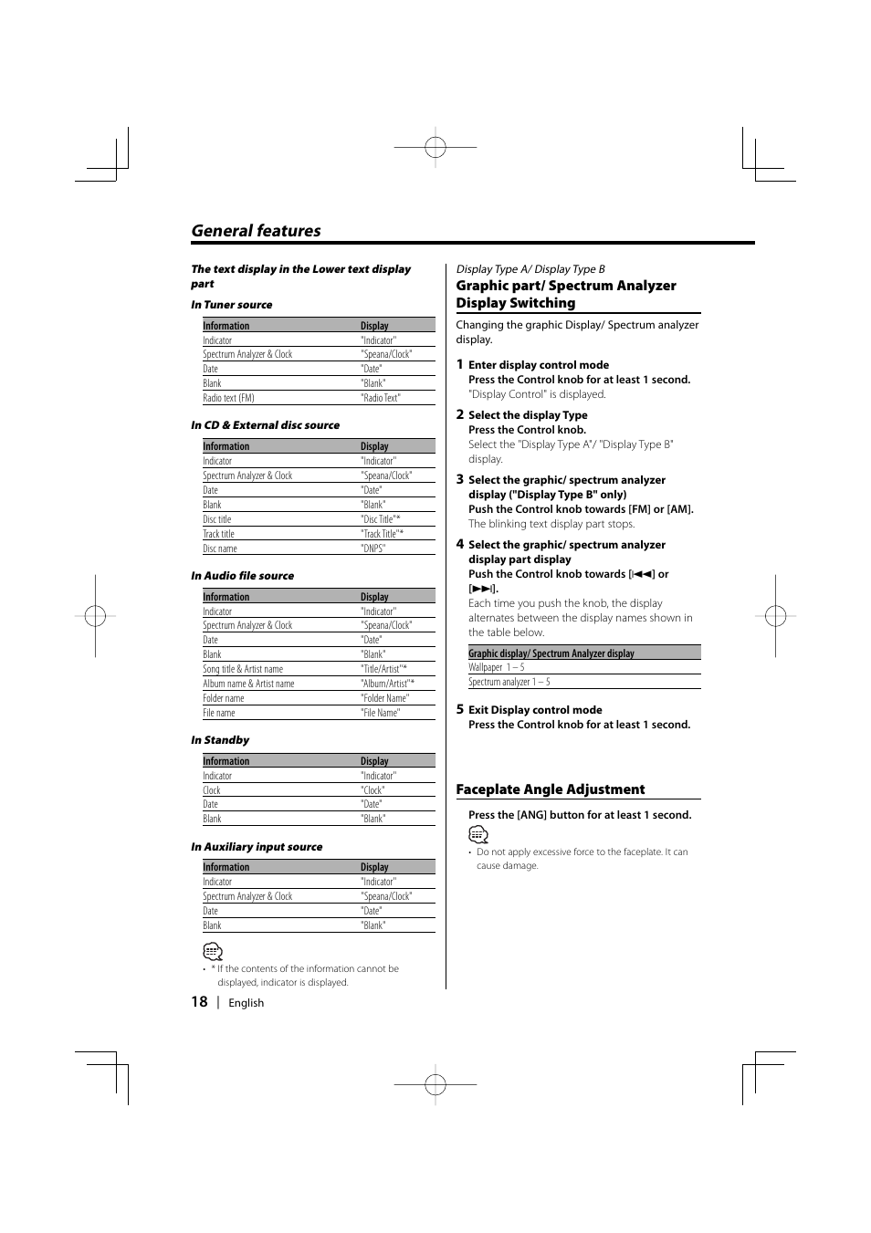 General features, Graphic part/ spectrum analyzer display switching, Faceplate angle adjustment | PhatNoise KDC-W707 User Manual | Page 18 / 48