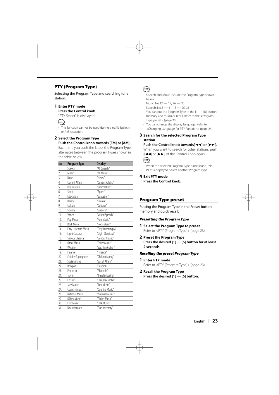 Pty (program type), Program type preset | PhatNoise KDC-W707 User Manual | Page 23 / 48