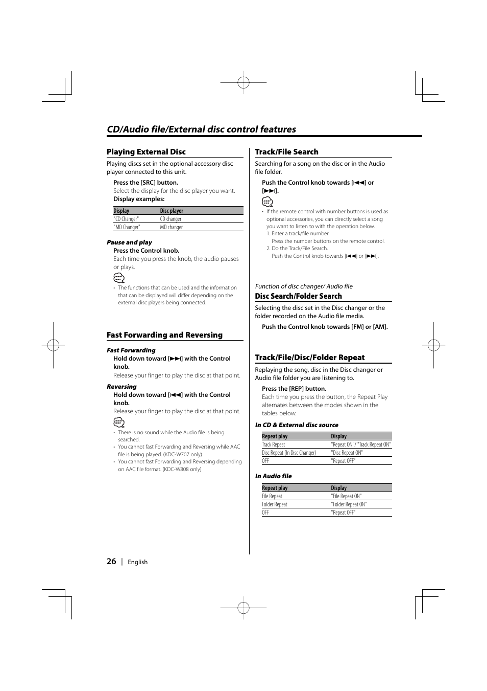 Cd/audio file/external disc control features, Playing external disc, Fast forwarding and reversing | Track/file search, Disc search/folder search, Track/file/disc/folder repeat | PhatNoise KDC-W707 User Manual | Page 26 / 48