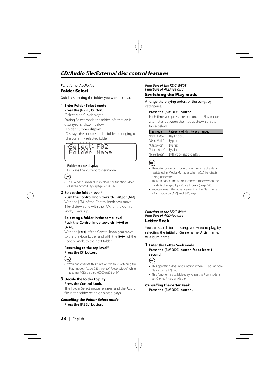 Cd/audio file/external disc control features, Select f02 folder name | PhatNoise KDC-W707 User Manual | Page 28 / 48