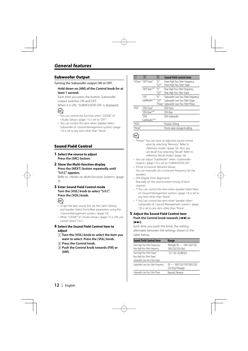 General features, Subwoofer output, Sound field control 1 | PhatNoise XXV-01D User Manual | Page 12 / 68