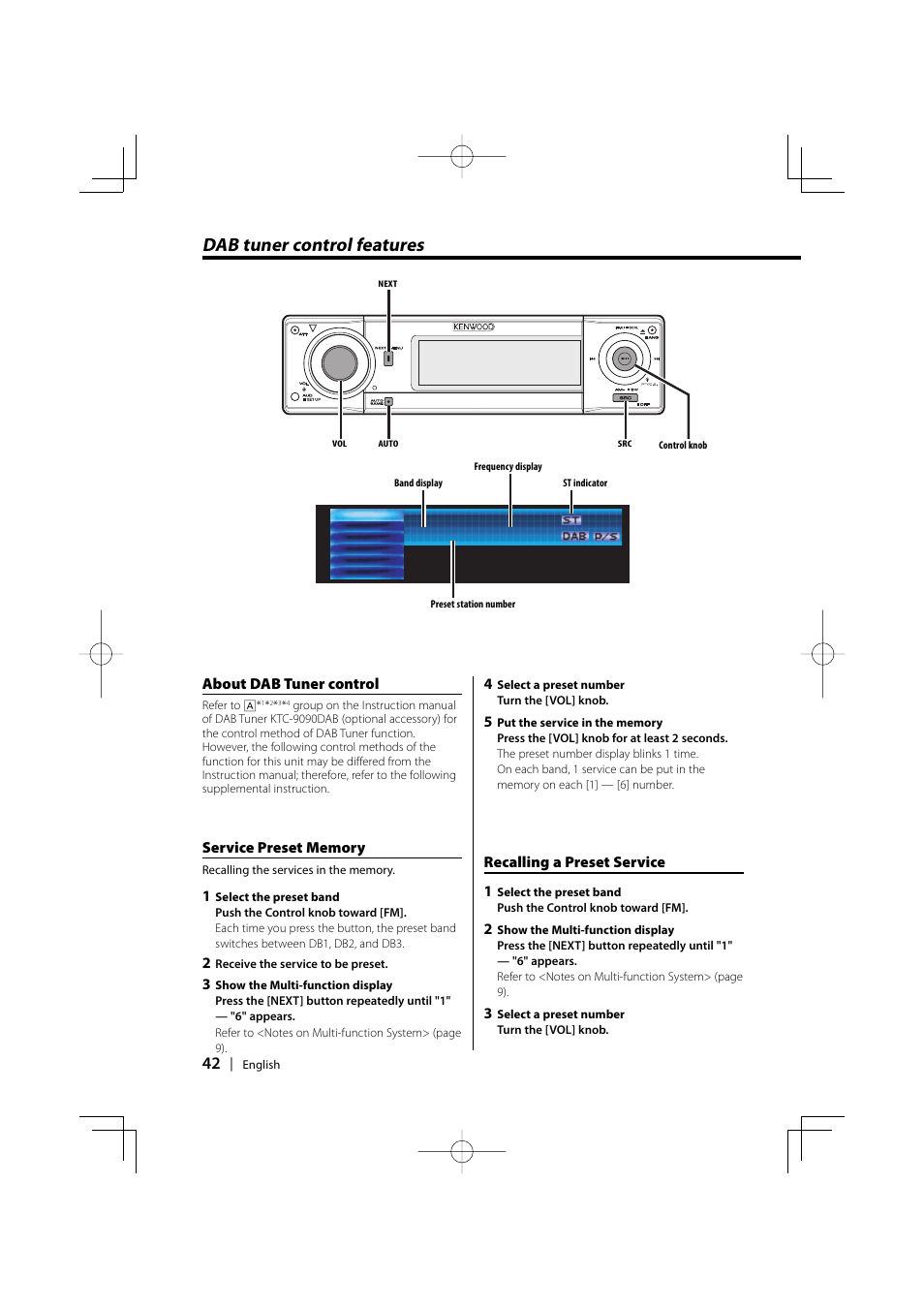 Dab tuner control features, About dab tuner control, Recalling a preset service 1 | PhatNoise XXV-01D User Manual | Page 42 / 68