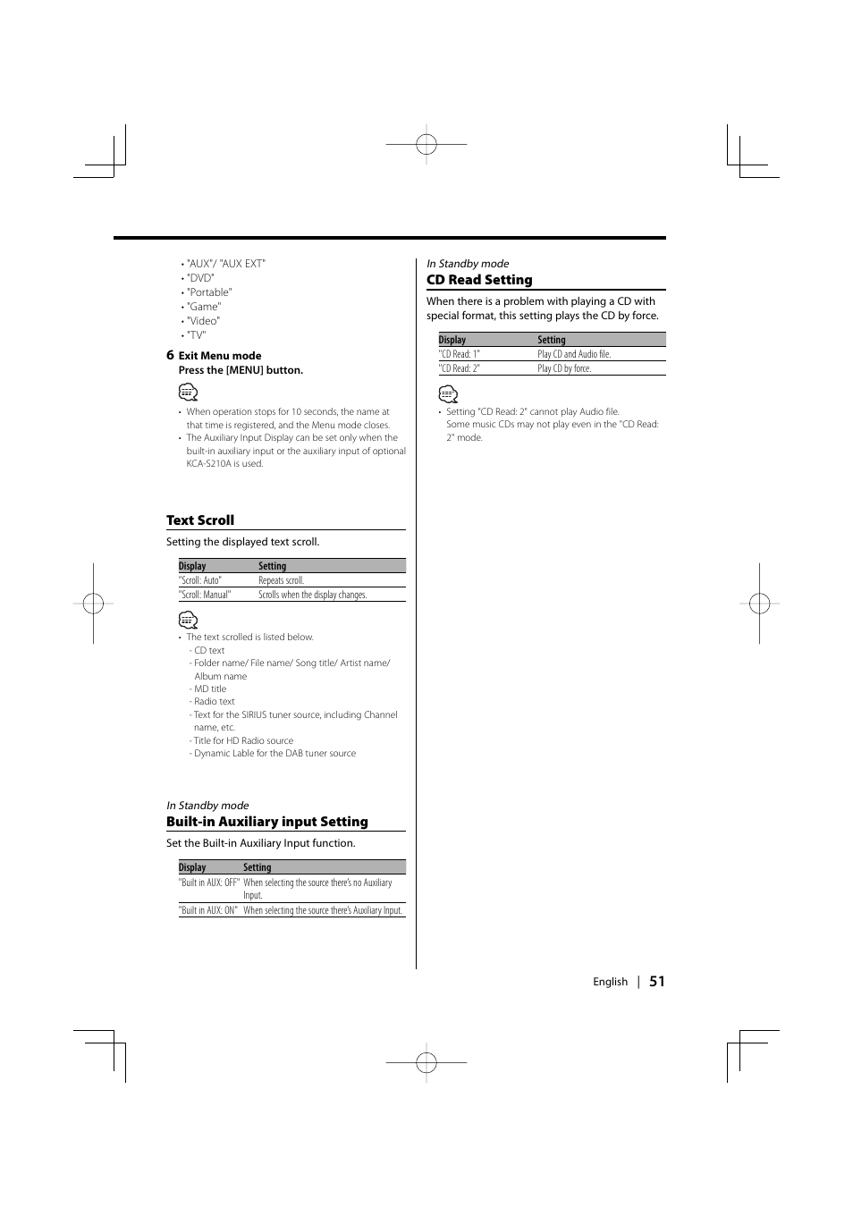 Text scroll, Built-in auxiliary input setting, Cd read setting | PhatNoise XXV-01D User Manual | Page 51 / 68
