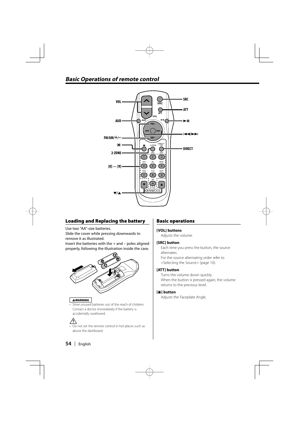 Basic operations of remote control, Loading and replacing the battery, Basic operations | PhatNoise XXV-01D User Manual | Page 54 / 68