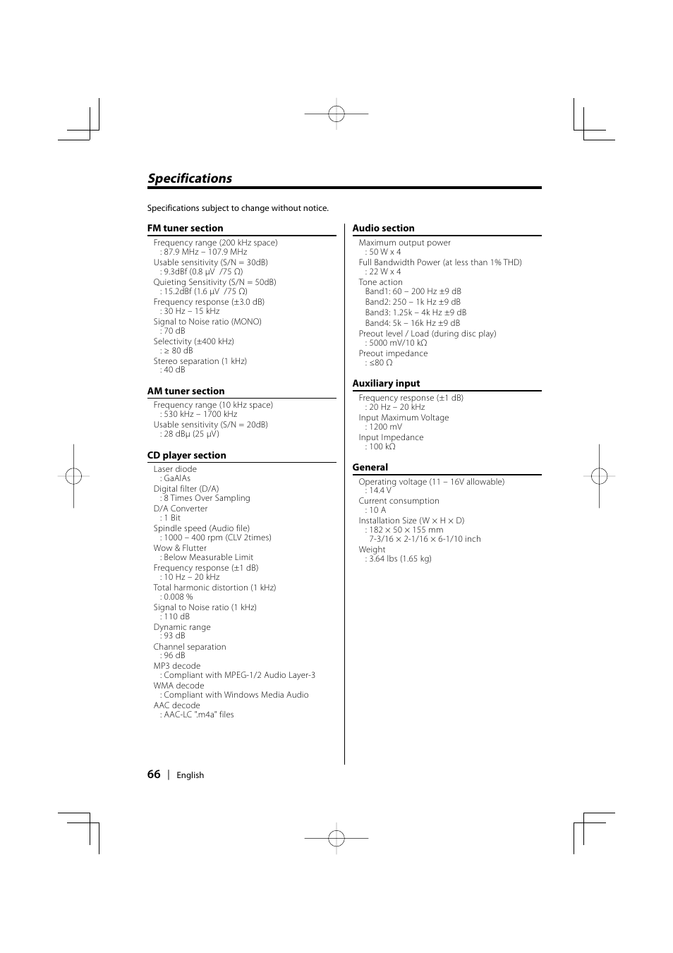 Specifications | PhatNoise XXV-01D User Manual | Page 66 / 68