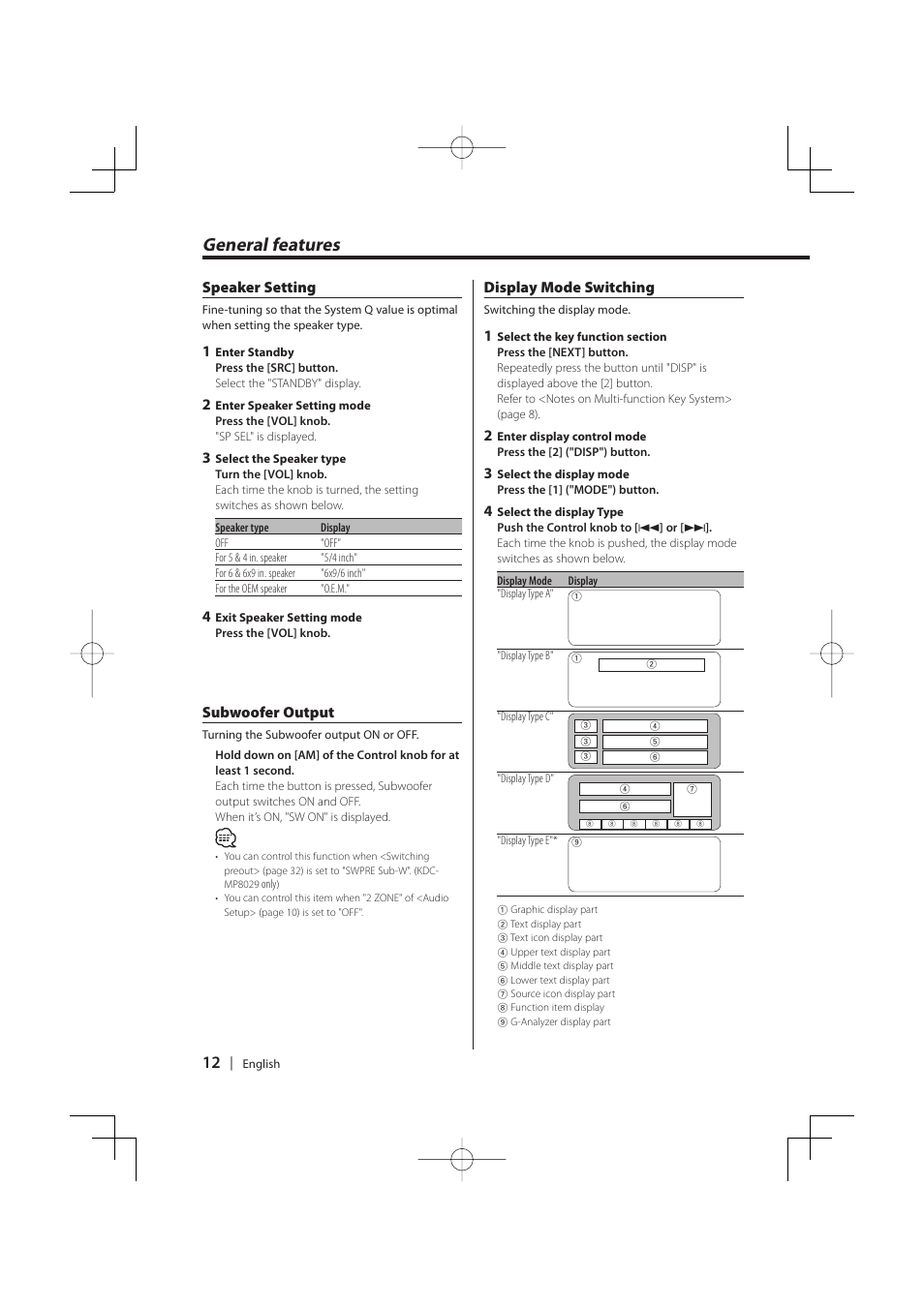 General features, Speaker setting, Subwoofer output | Display mode switching | PhatNoise KDC-MP8029 User Manual | Page 12 / 50