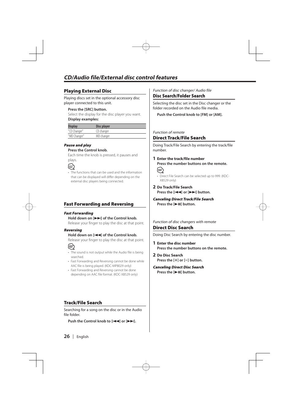 Cd/audio file/external disc control features | PhatNoise KDC-MP8029 User Manual | Page 26 / 50