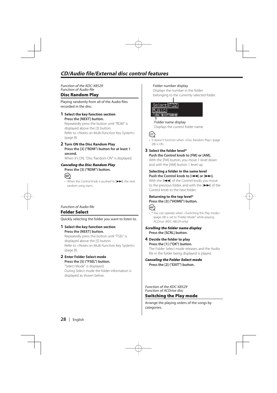 Cd/audio file/external disc control features | PhatNoise KDC-MP8029 User Manual | Page 28 / 50