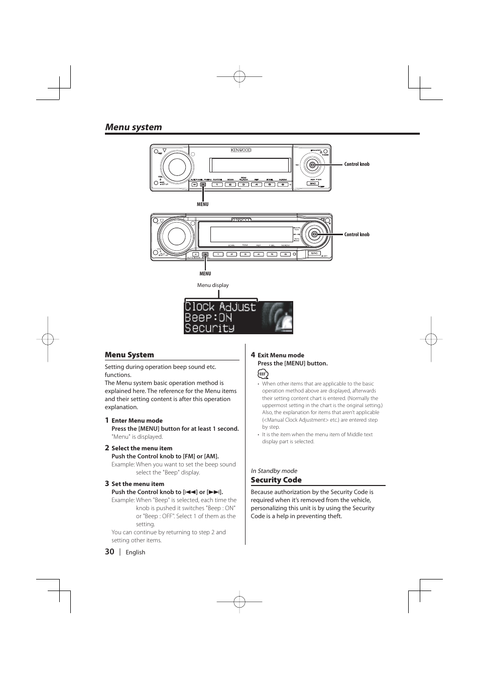 Menu system | PhatNoise KDC-MP8029 User Manual | Page 30 / 50