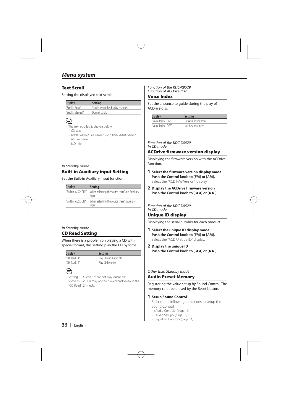 Menu system | PhatNoise KDC-MP8029 User Manual | Page 36 / 50