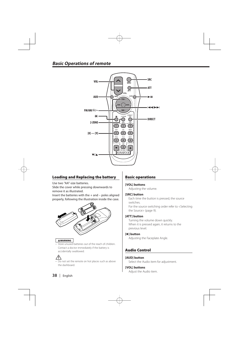 Basic operations of remote, Loading and replacing the battery, Basic operations | Audio control | PhatNoise KDC-MP8029 User Manual | Page 38 / 50