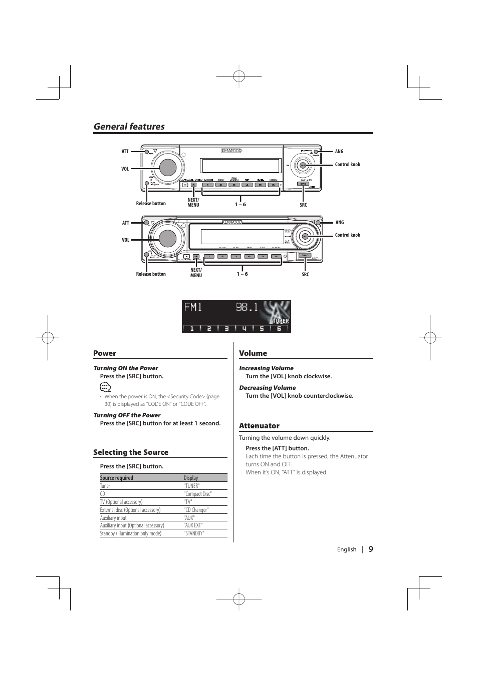 General features, Power, Selecting the source | Volume, Attenuator | PhatNoise KDC-MP8029 User Manual | Page 9 / 50