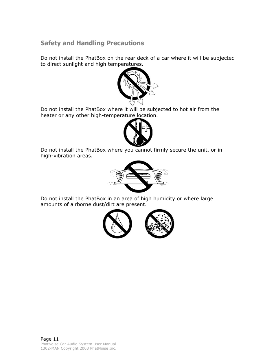 Safety and handling precautions | PhatNoise Car Audio System User Manual | Page 11 / 61