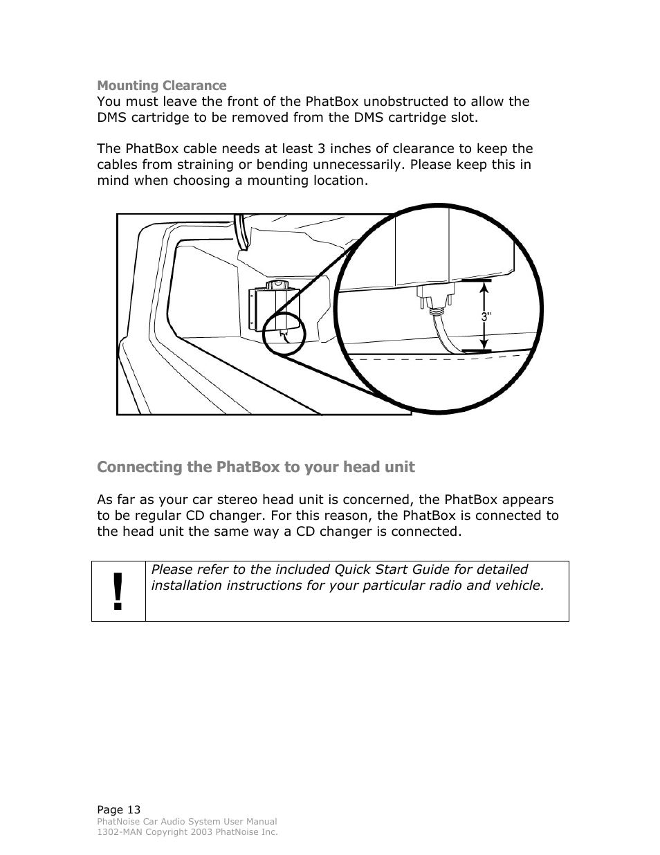Mounting clearance, Connecting the phatbox to your head unit | PhatNoise Car Audio System User Manual | Page 13 / 61