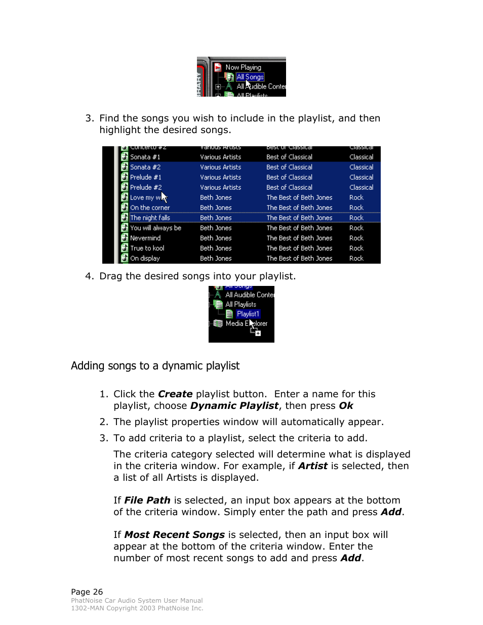 Adding songs to a dynamic playlist | PhatNoise Car Audio System User Manual | Page 26 / 61