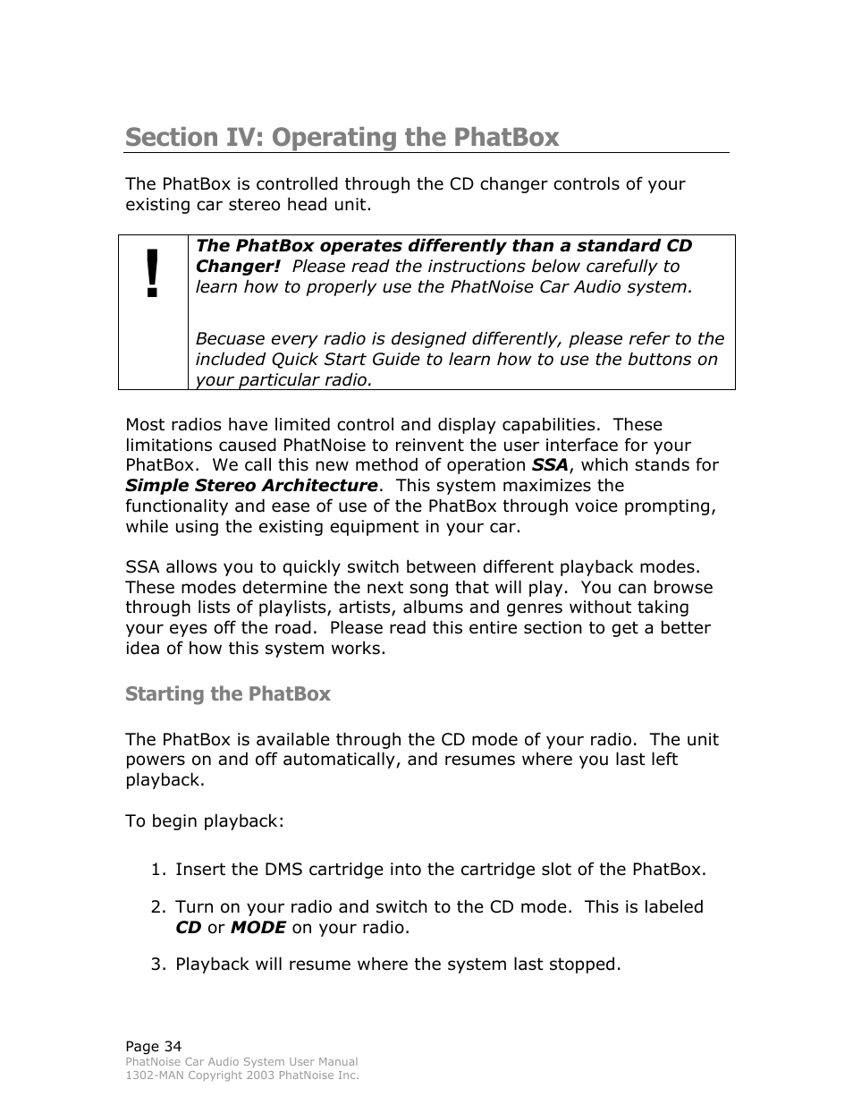 Section iv: operating the phatbox, Starting the phatbox | PhatNoise Car Audio System User Manual | Page 34 / 61
