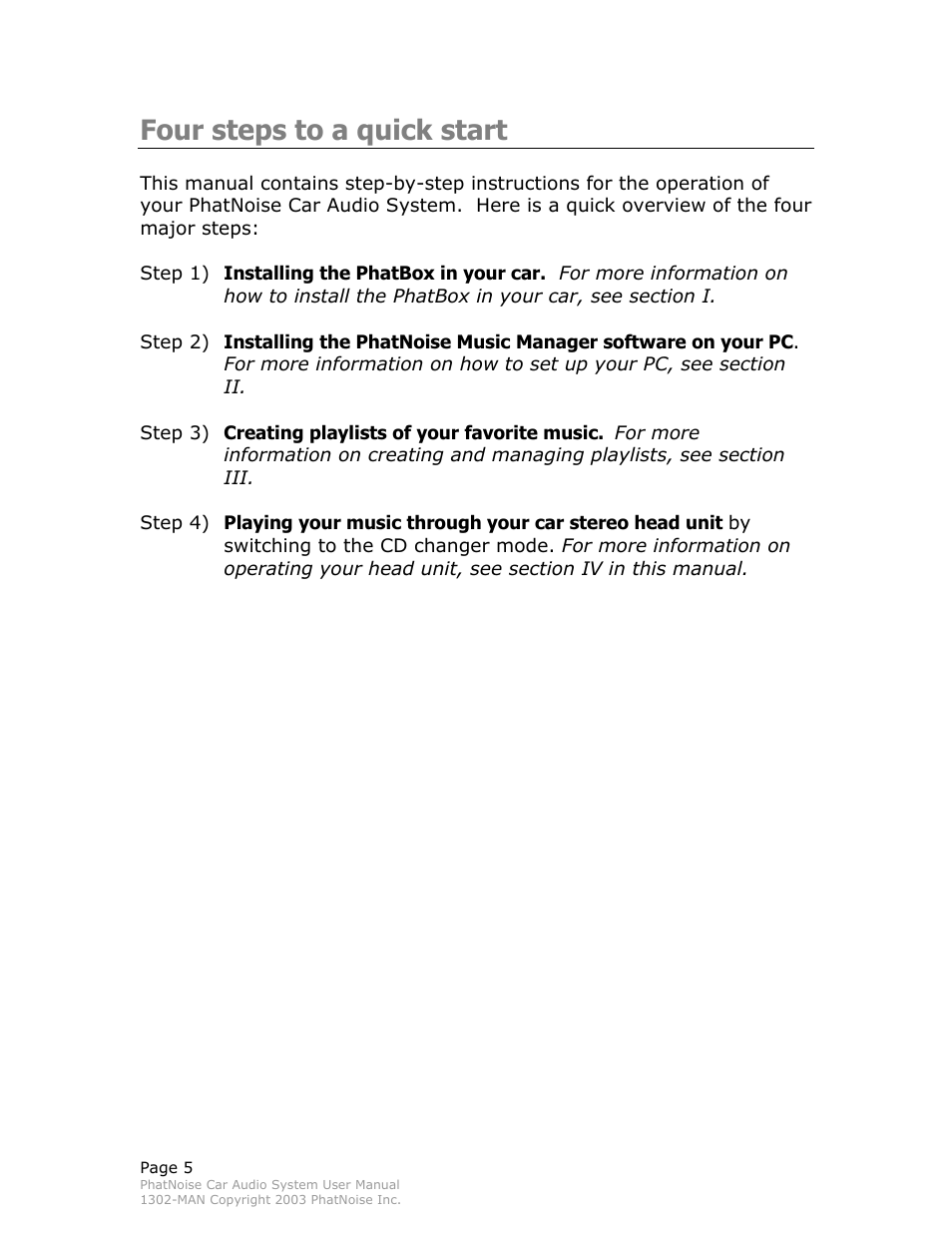 Four steps to a quick start | PhatNoise Car Audio System User Manual | Page 5 / 61