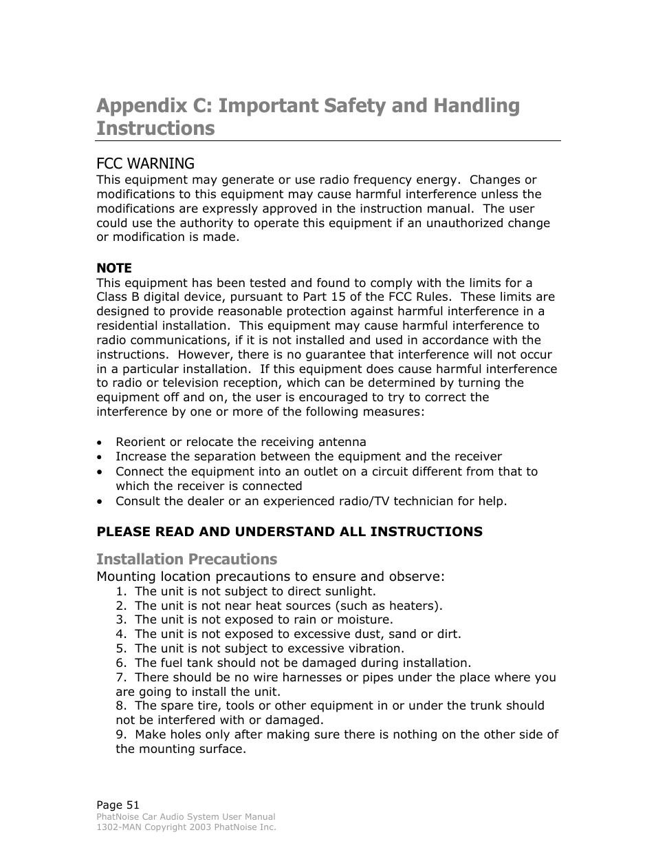 Fcc warning, Installation precautions | PhatNoise Car Audio System User Manual | Page 51 / 61