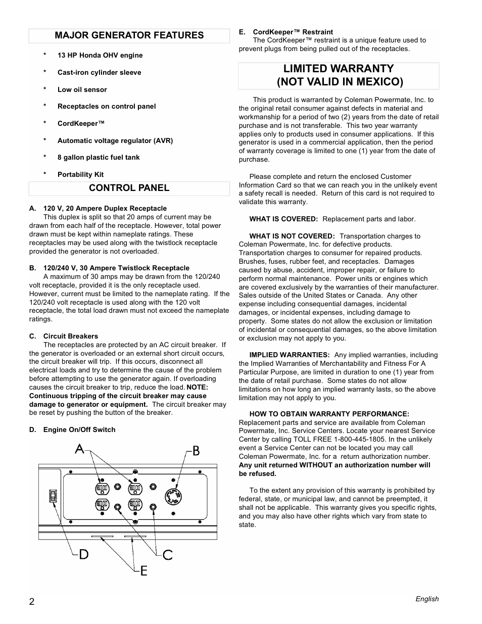 Limited warranty (not valid in mexico), Control panel major generator features | Powermate PM0497000 User Manual | Page 2 / 12