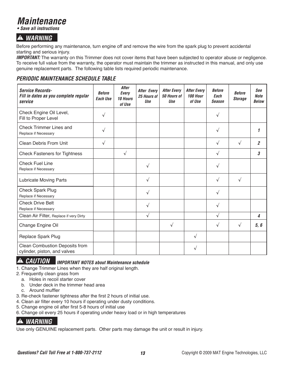 Maintenance, Warning caution, Warning | Powermate P-WFT-16022 User Manual | Page 14 / 50