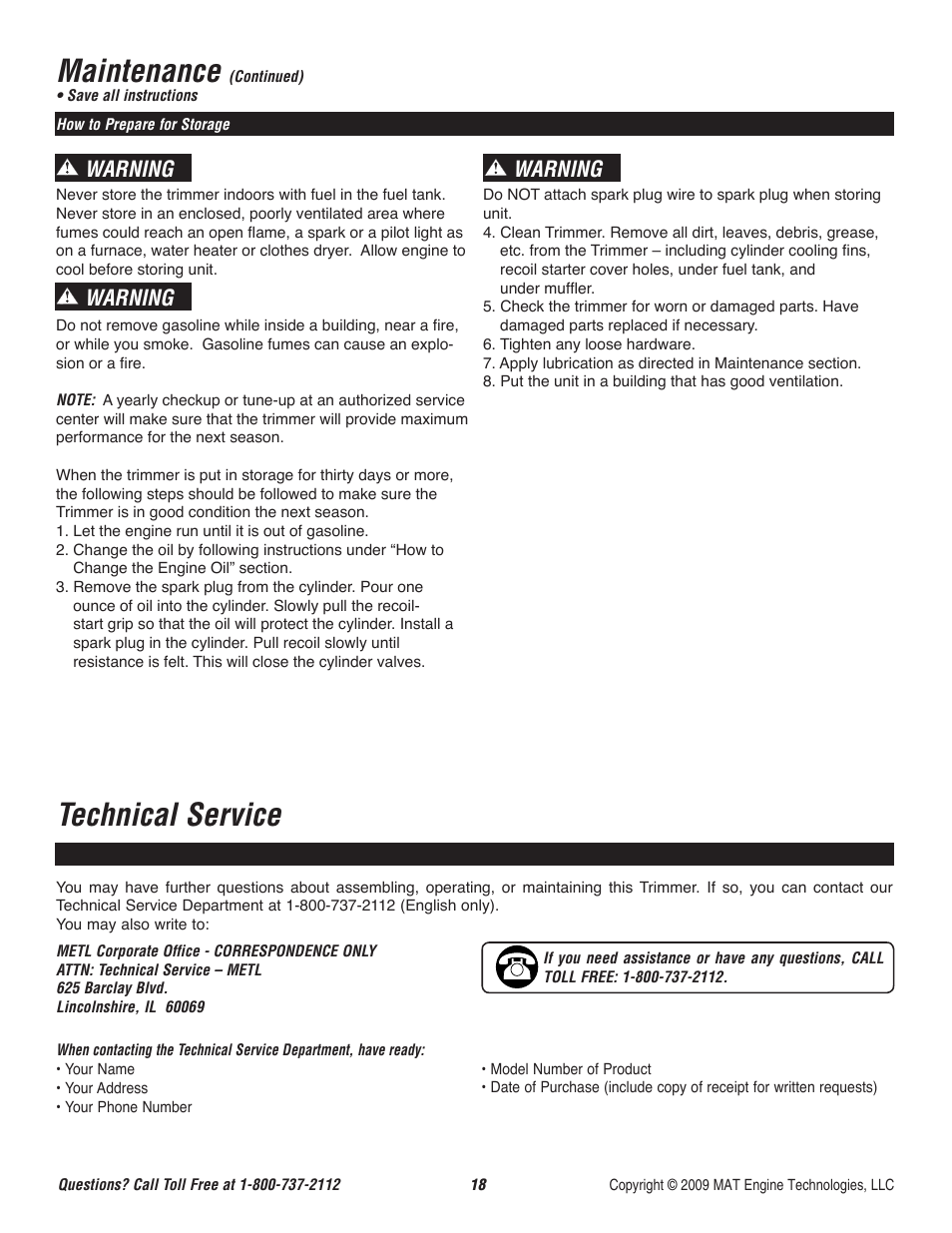Maintenance, Technical service, Warning | Powermate P-WFT-16022 User Manual | Page 19 / 50