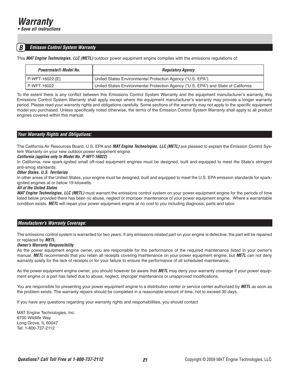 Warranty | Powermate P-WFT-16022 User Manual | Page 22 / 50