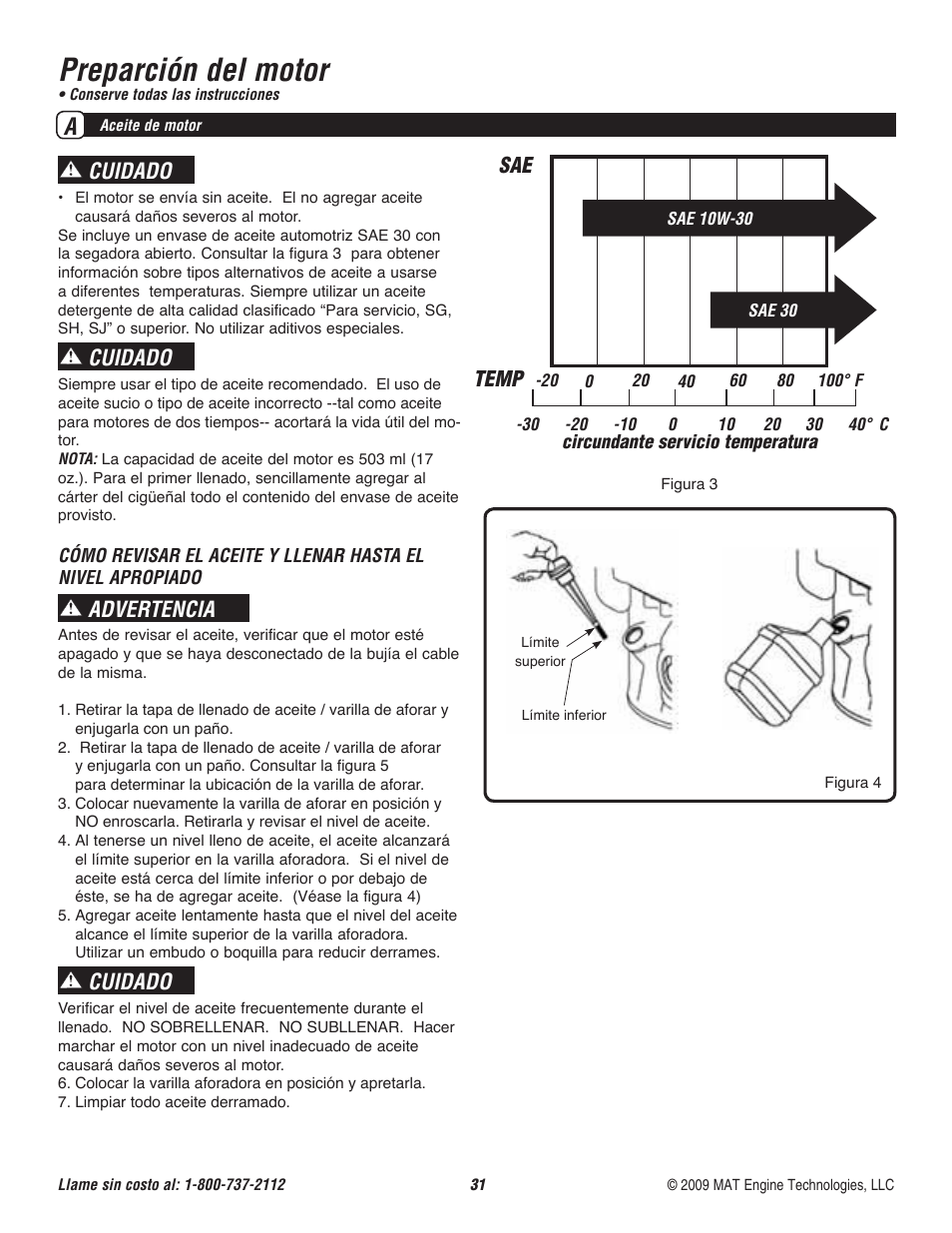 Preparción del motor, Cuidado, Advertencia | Sae temp | Powermate P-WFT-16022 User Manual | Page 32 / 50