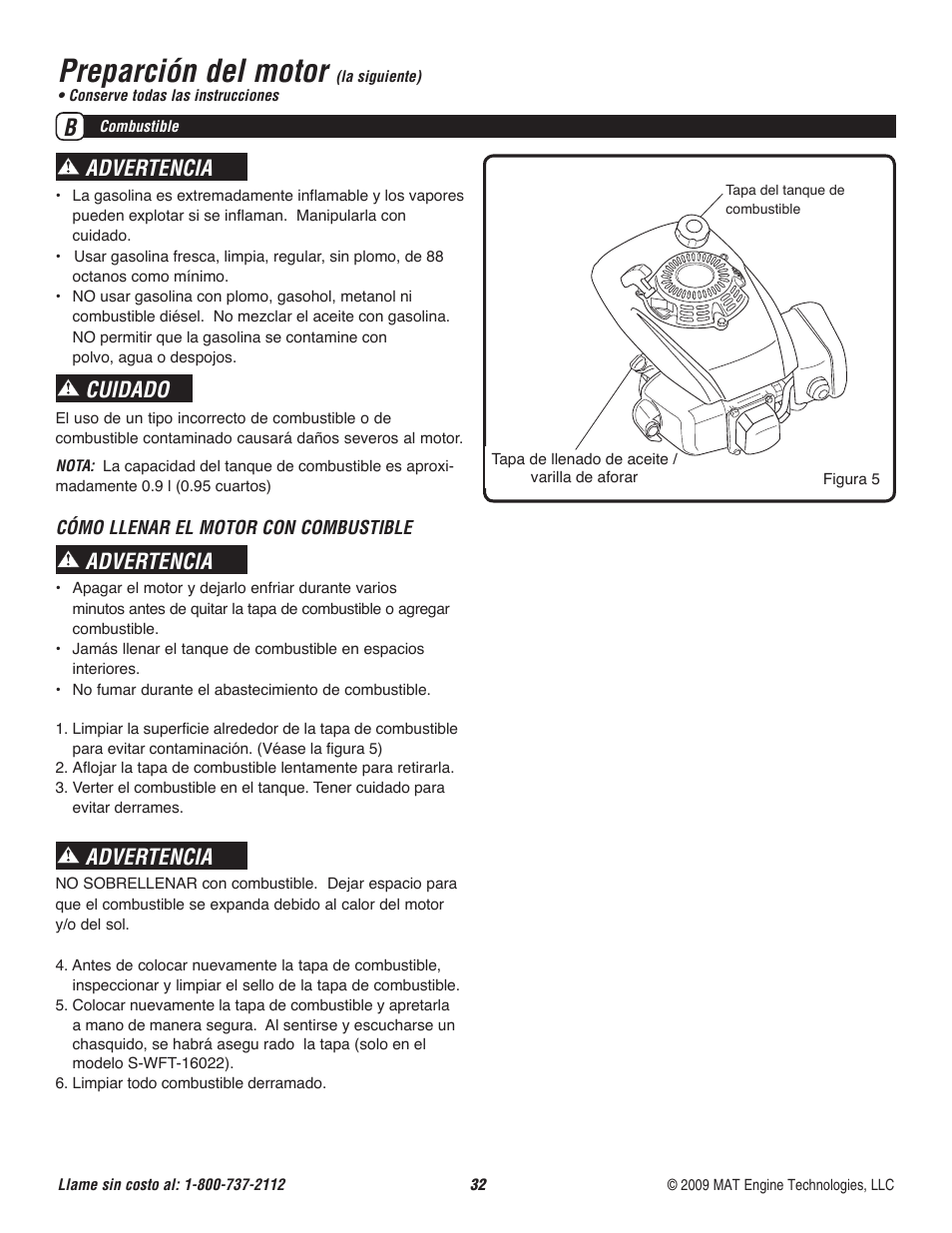 Preparción del motor, Advertencia, Cuidado | Powermate P-WFT-16022 User Manual | Page 33 / 50