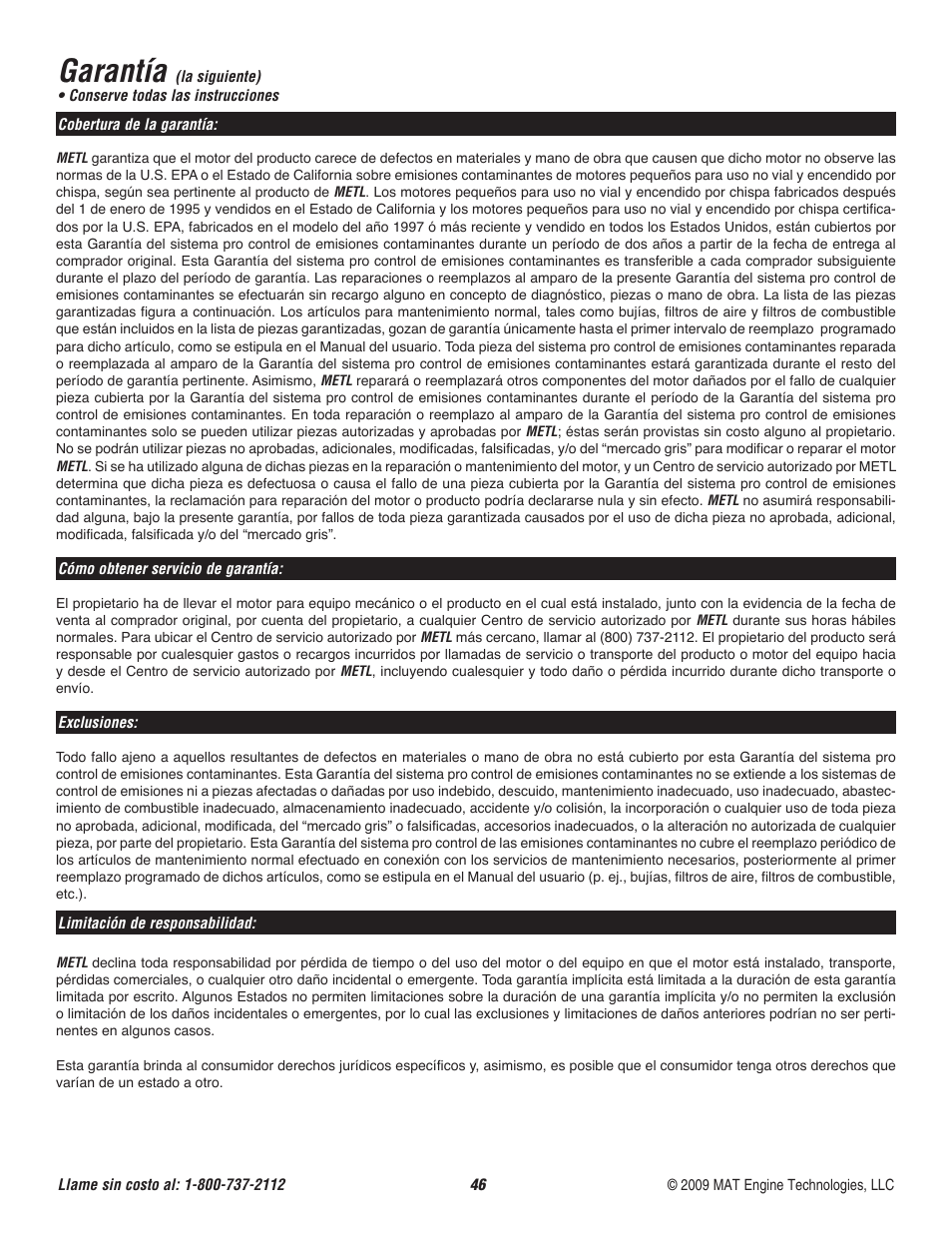 Garantía | Powermate P-WFT-16022 User Manual | Page 47 / 50