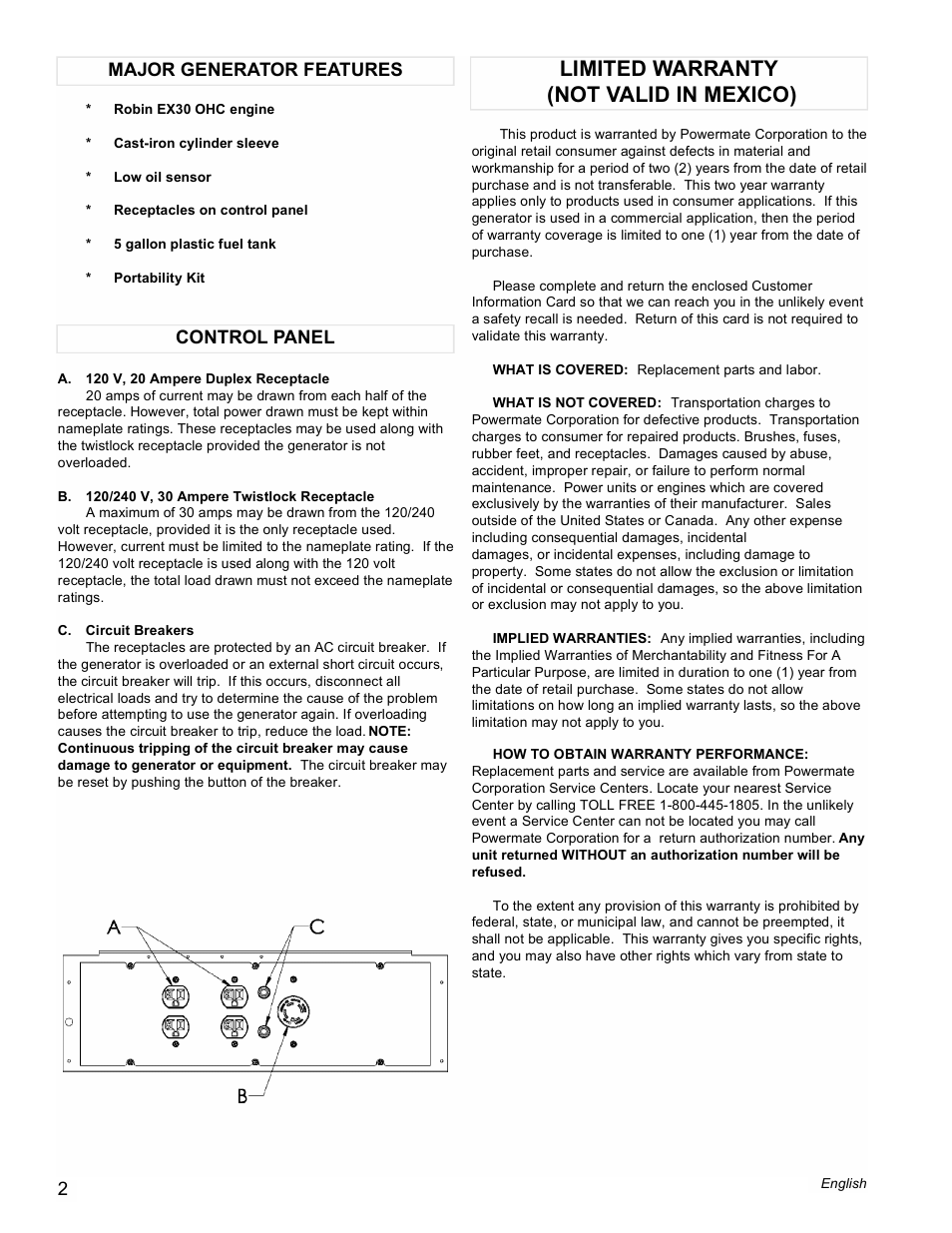 Limited warranty (not valid in mexico), Control panel major generator features | Powermate PM0435250 User Manual | Page 2 / 12