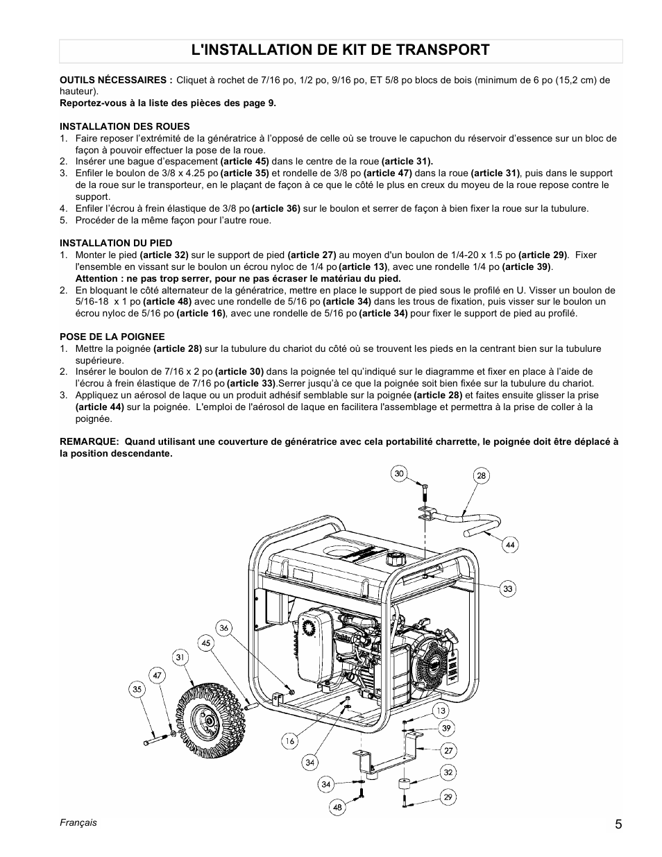 L'installation de kit de transport | Powermate PM0435250 User Manual | Page 5 / 12