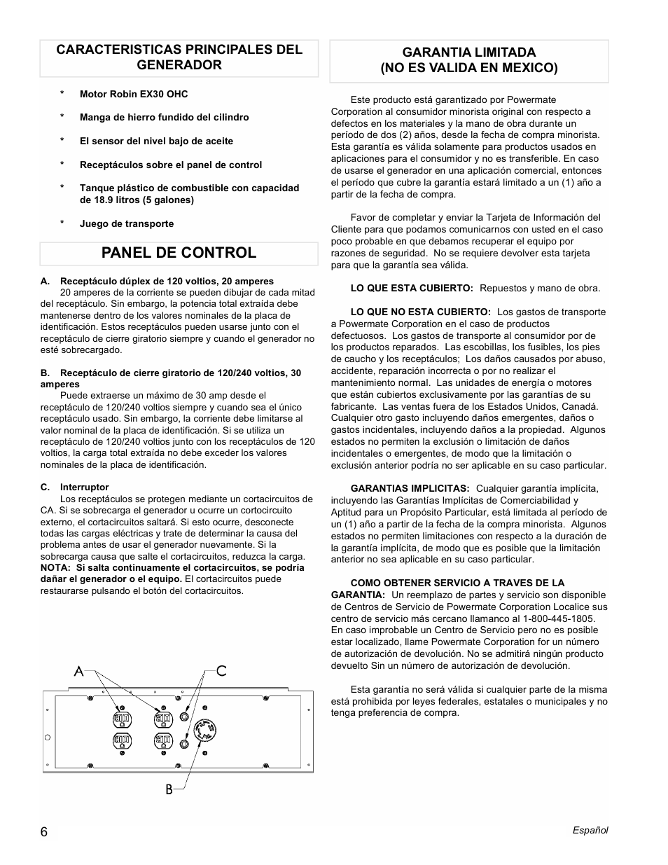 Panel de control | Powermate PM0435250 User Manual | Page 6 / 12
