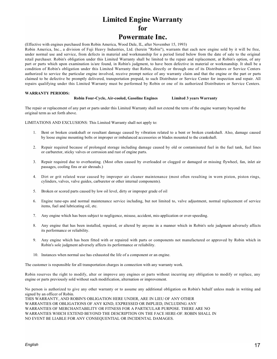 Limited engine warranty for powermate inc | Powermate PM0601350 User Manual | Page 17 / 20